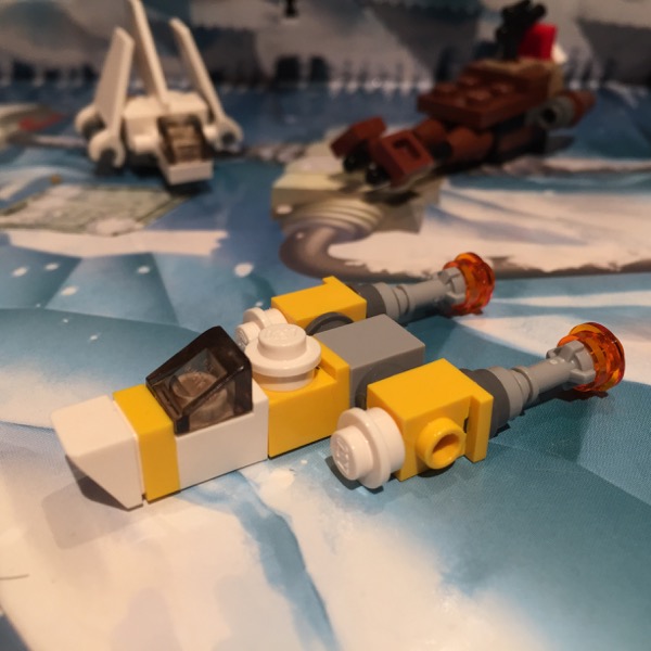 LEGO microscale model of  Anakin's Y-Wing Starfighter from the prequel trilogy. This model is very blockier compared to more recent ones.