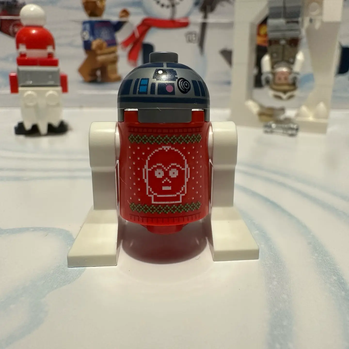 LEGO minifigure R2-D2 wearing a red knitted holiday sweater with C-3PO pattern