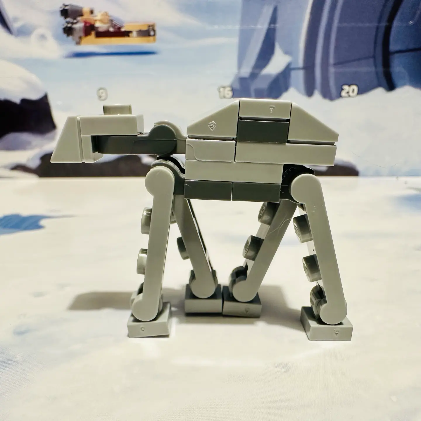 LEGO microscale AT-AT from the side showing how flattened the body is.