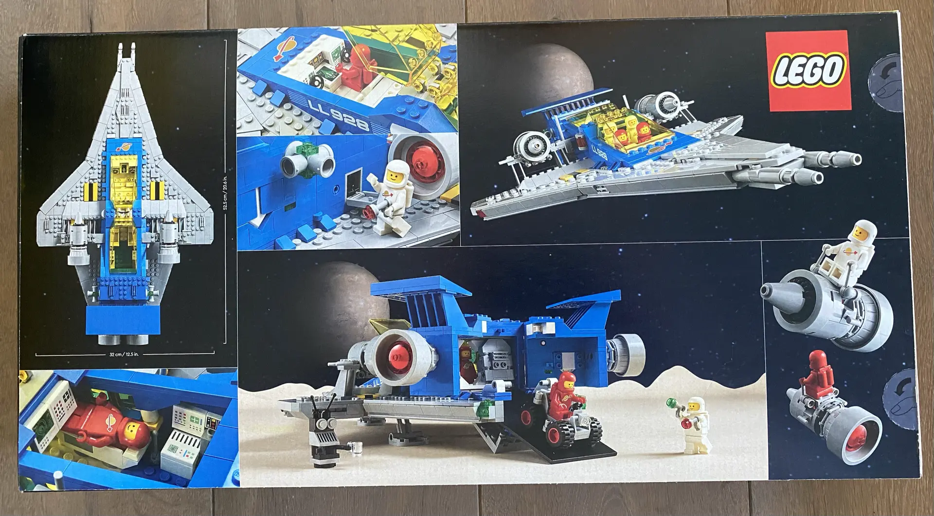 Rear of box for LEGO set 10497 Galaxy Explorer with six photos showing off the various play features of the set