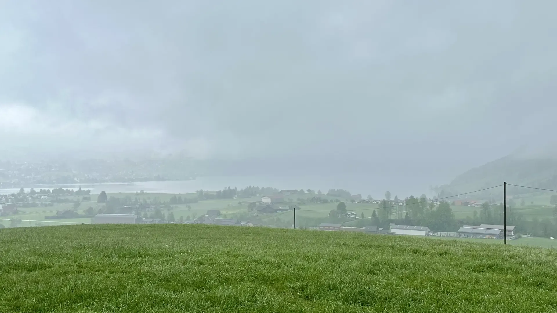 View of Ägeri valley on a rainy morning. There's a misty lake in the distance, green pasture in the foreground, and the sky is completely clouded over.